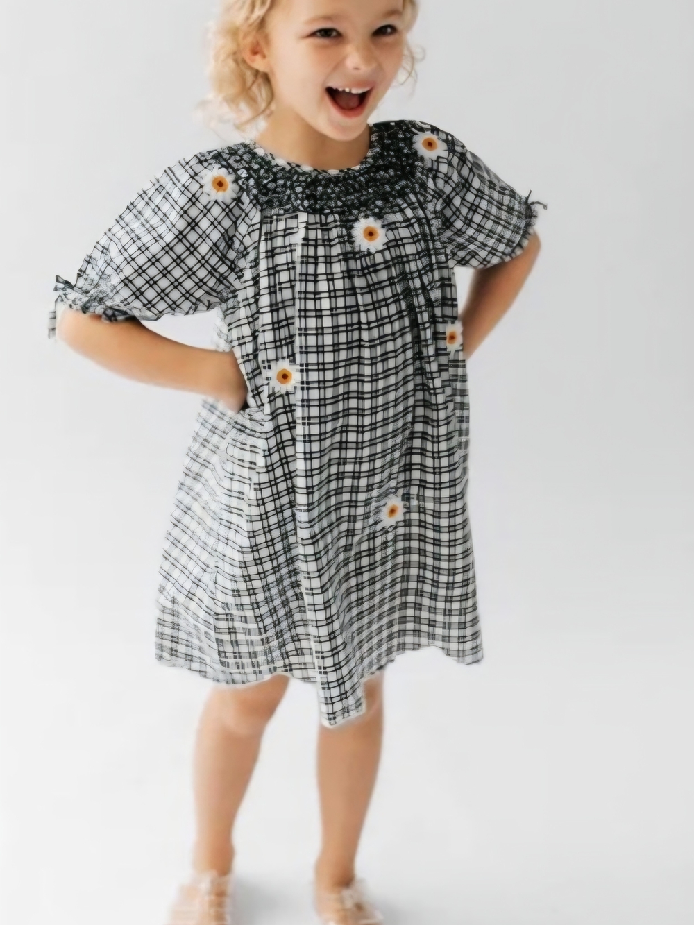 Zara Black and White Checked Dress with Daisy Embroidery